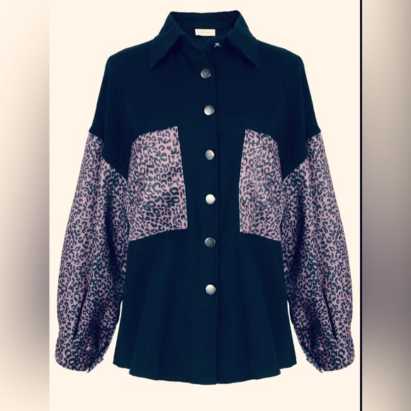 Metyou Contrast Leopard Button Down Denim Long-sleeve Boyfriend Jacket Size Med - Picture 6 of 7